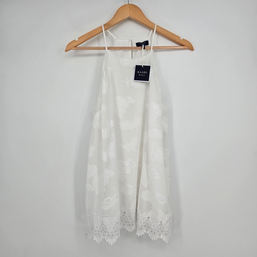NWT Kaari Blue Womens L Tank Top White Floral Lace Trim Sweet Spring Summer